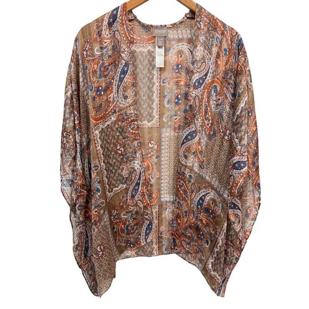 Chico's Sheer Paisley Kimono Wrap Size S/M Boho Open Front Fall Duster Cardigan
